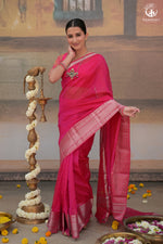 Bhadra - Pink Plain Handwoven Silk Cotton Saree With Silver Zari Kanchi Border-Rutambhara-RUTAMBHARA