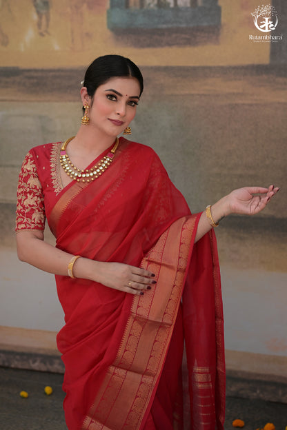 Bhadra - Red Plain Handwoven Silk Cotton Saree With Gold Zari Kanchi Border-Rutambhara-RUTAMBHARA