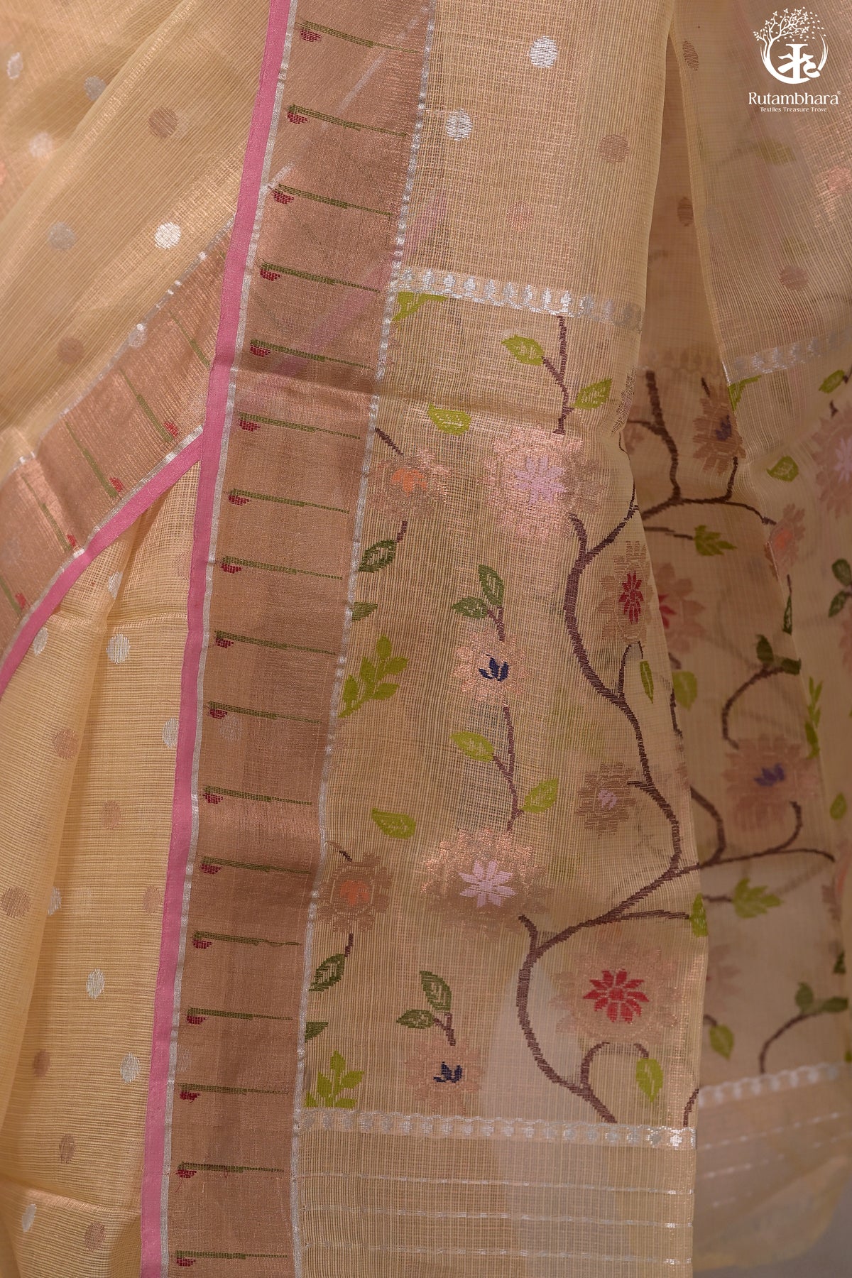 Aliyah - Pastel Yellow Handwoven Zari Tissue Kota Saree With Orange Blouse