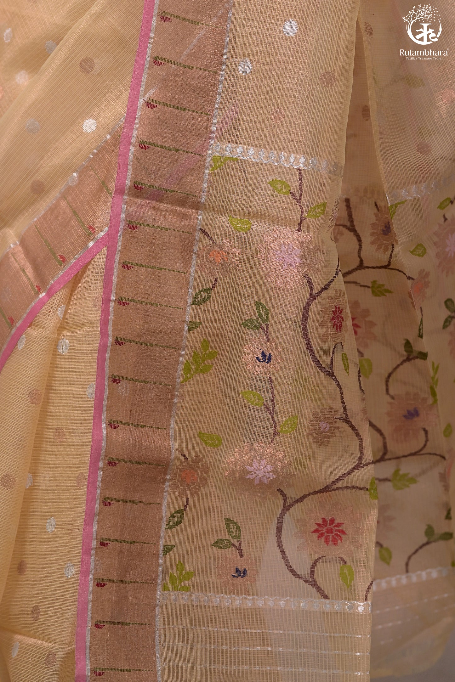 Aliyah - Pastel Yellow Handwoven Zari Tissue Kota Saree With Orange Blouse