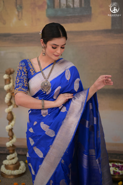 Noushk - Royal Blue Banarasi Saree With Silver Zari Paisley Motifs-Rutambhara-RUTAMBHARA