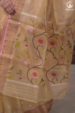 Aliyah - Pastel Yellow Handwoven Zari Tissue Kota Saree With Orange Blouse-Rutambhara-RUTAMBHARA