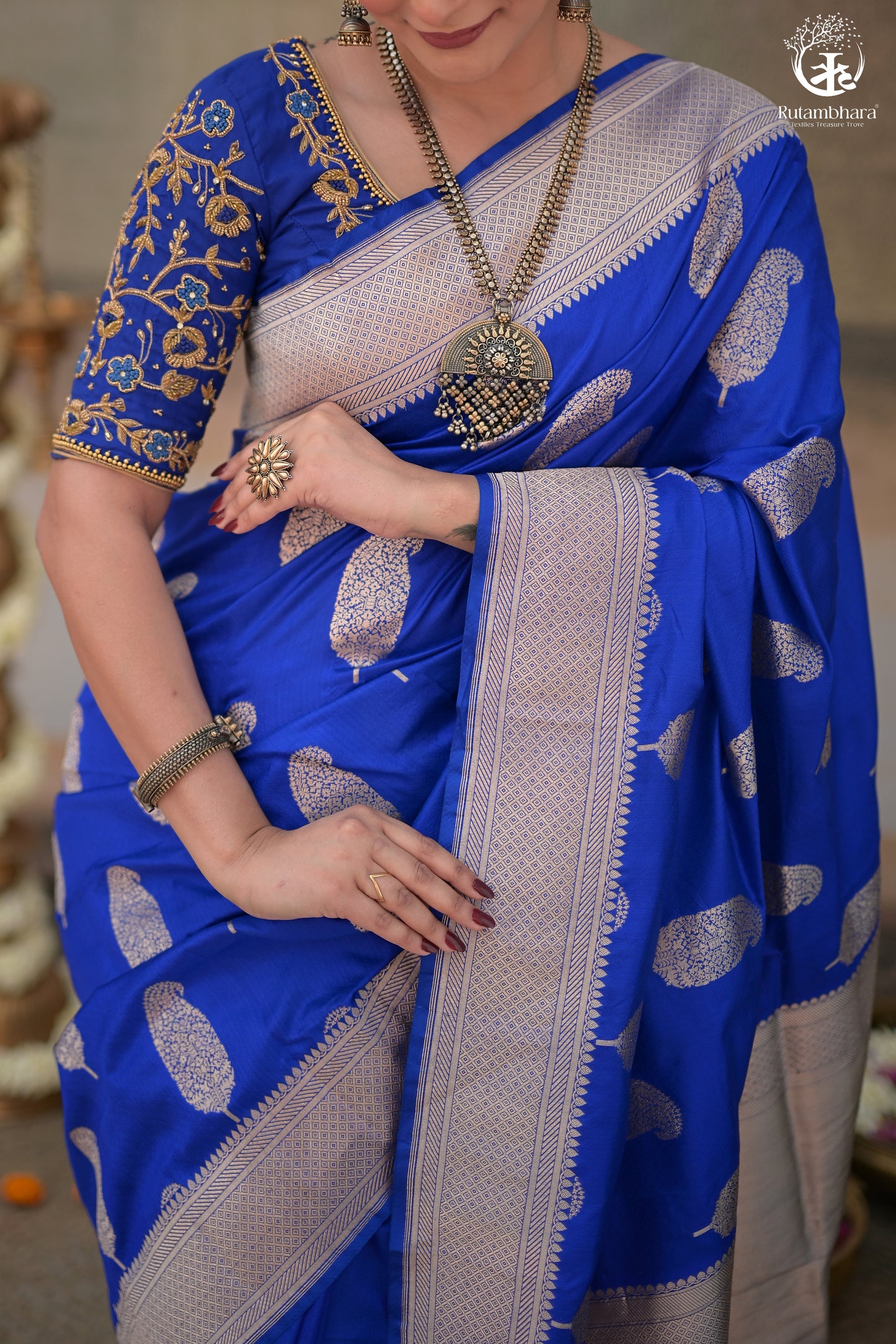 Noushk - Royal Blue Banarasi Saree With Silver Zari  Paisley Motifs