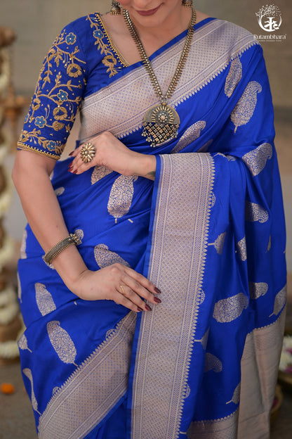 Noushk - Royal Blue Banarasi Saree With Silver Zari Paisley Motifs-Rutambhara-RUTAMBHARA