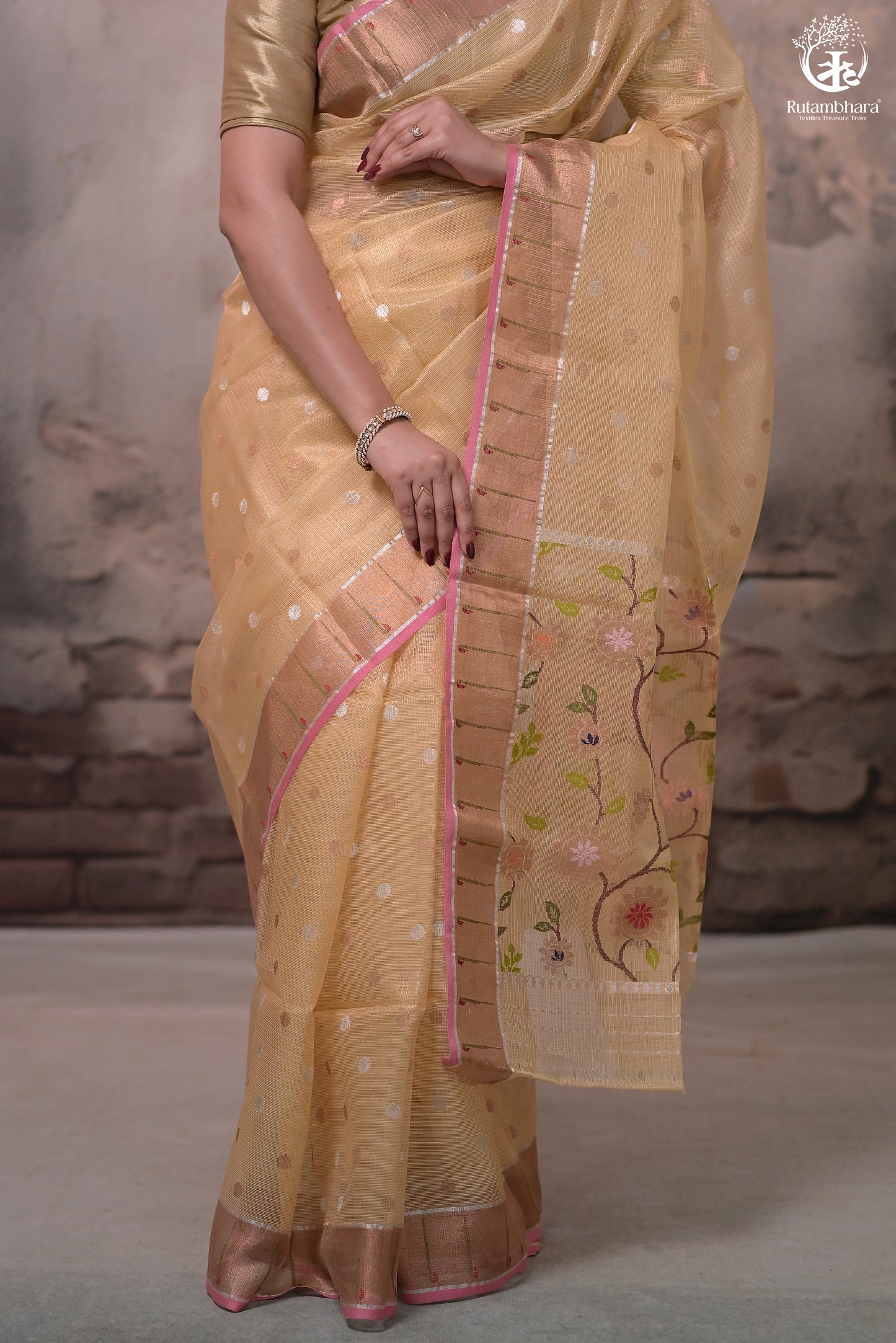 Aliyah - Pastel Yellow Handwoven Zari Tissue Kota Saree With Orange Blouse