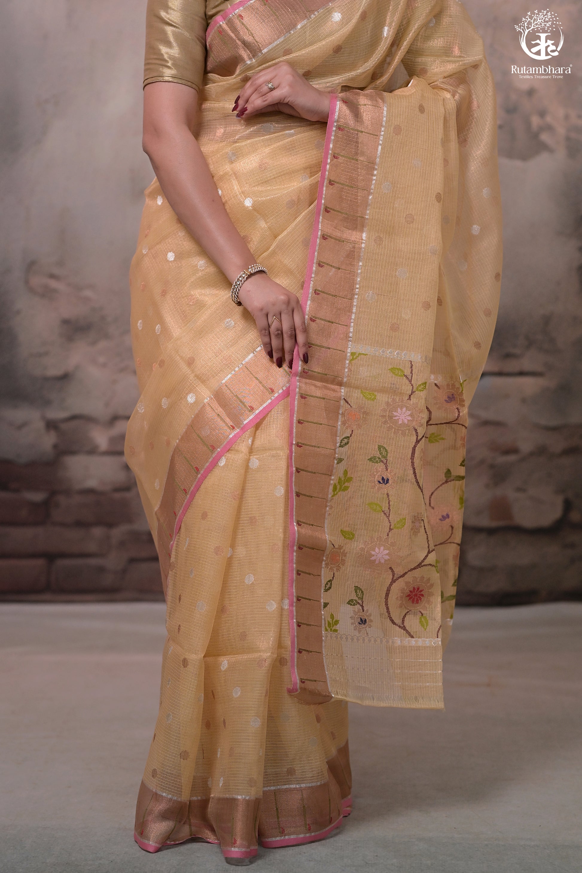 Aliyah - Pastel Yellow Handwoven Zari Tissue Kota Saree With Orange Blouse-Rutambhara-RUTAMBHARA