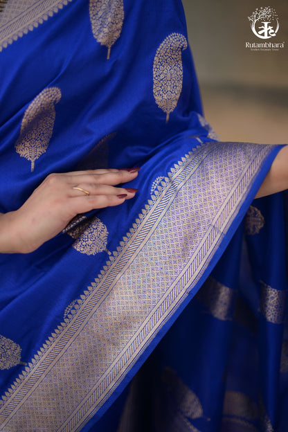 Noushk - Royal Blue Banarasi Saree With Silver Zari Paisley Motifs-Rutambhara-RUTAMBHARA