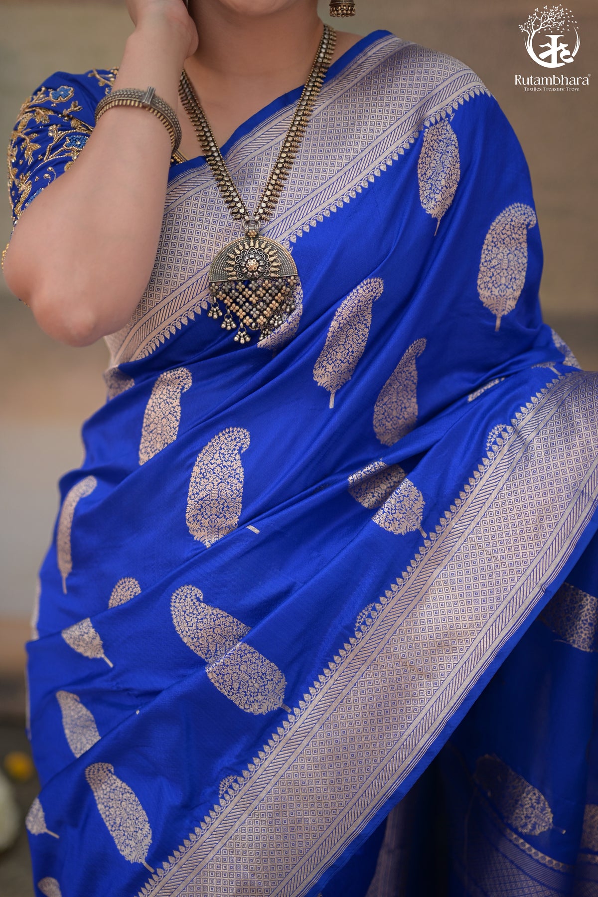 Noushk - Royal Blue Banarasi Saree With Silver Zari  Paisley Motifs