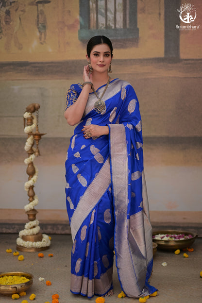Noushk - Royal Blue Banarasi Saree With Silver Zari Paisley Motifs-Rutambhara-RUTAMBHARA