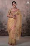 Aliyah - Pastel Yellow Handwoven Zari Tissue Kota Saree With Orange Blouse