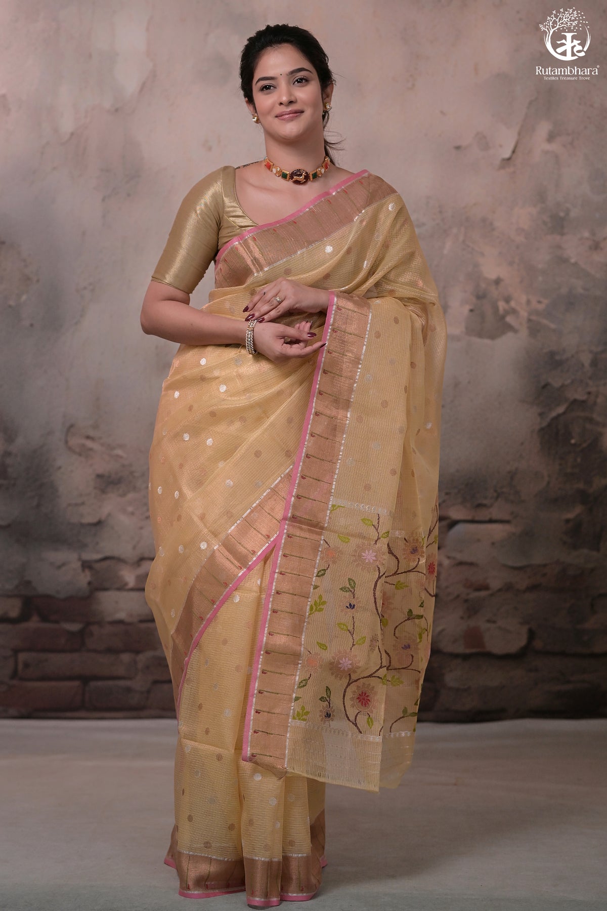 Aliyah - Pastel Yellow Handwoven Zari Tissue Kota Saree With Orange Blouse