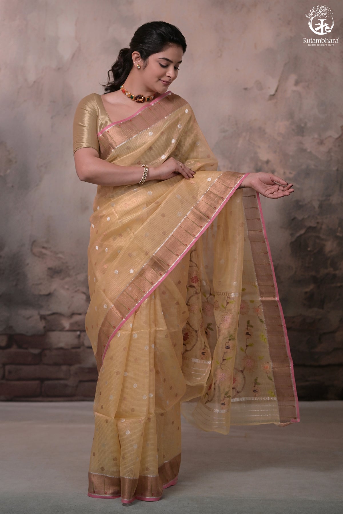 Aliyah - Pastel Yellow Handwoven Zari Tissue Kota Saree With Orange Blouse