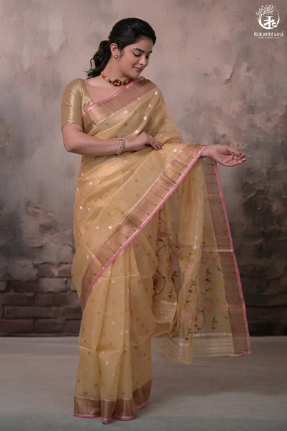 Aliyah - Pastel Yellow Handwoven Zari Tissue Kota Saree With Orange Blouse-Rutambhara-RUTAMBHARA