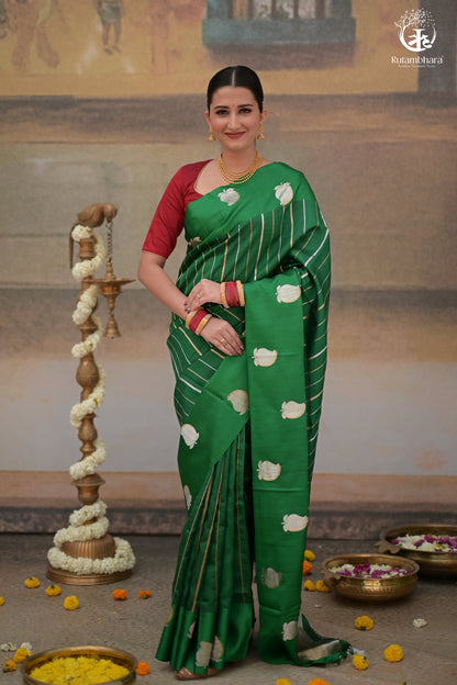 Noushk - Royal Green Banarasi Saree With Sona-Rupa Zari Kairi Motifs In Mashroo Border-Rutambhara-RUTAMBHARA