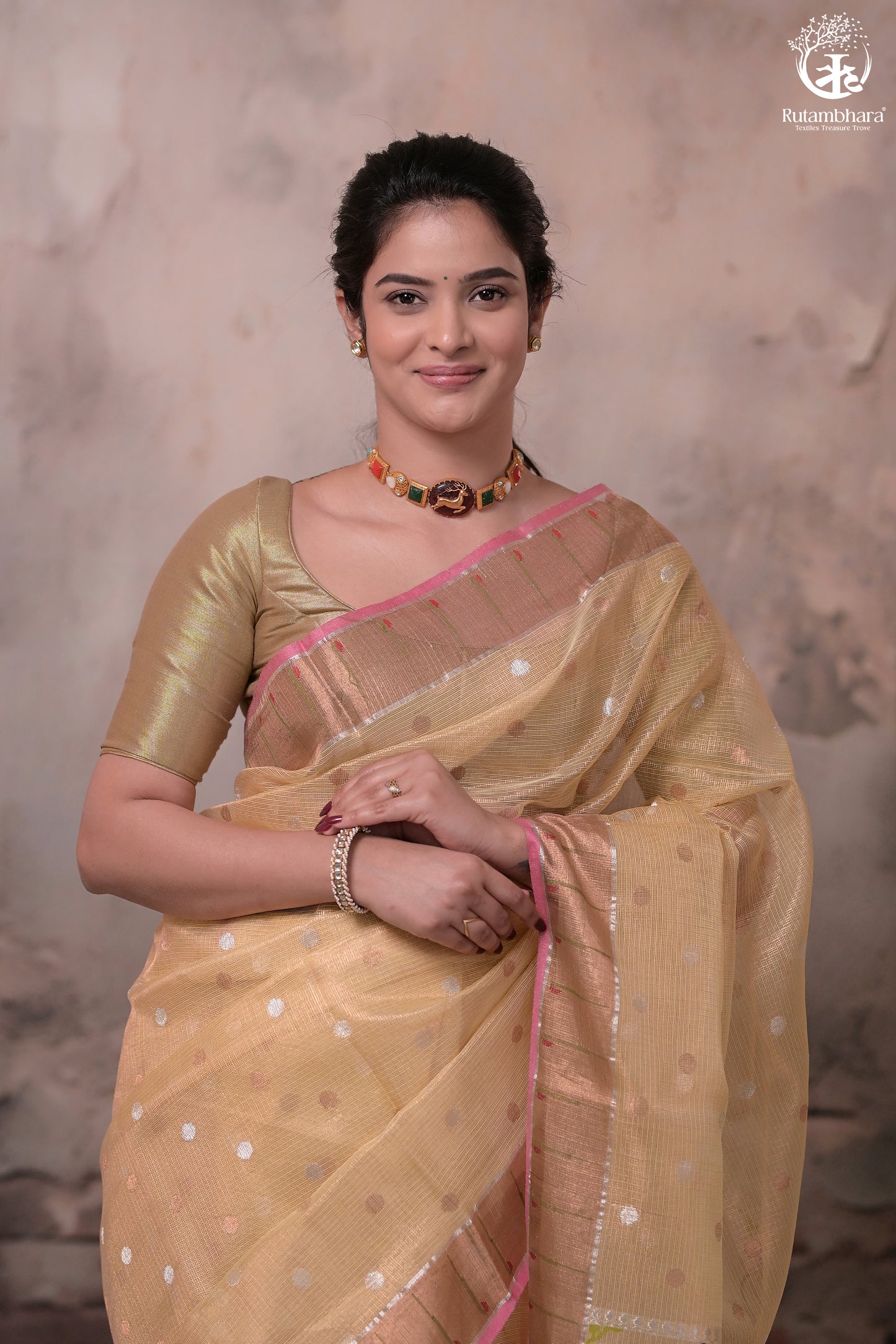 Aliyah - Pastel Yellow Handwoven Zari Tissue Kota Saree With Orange Blouse