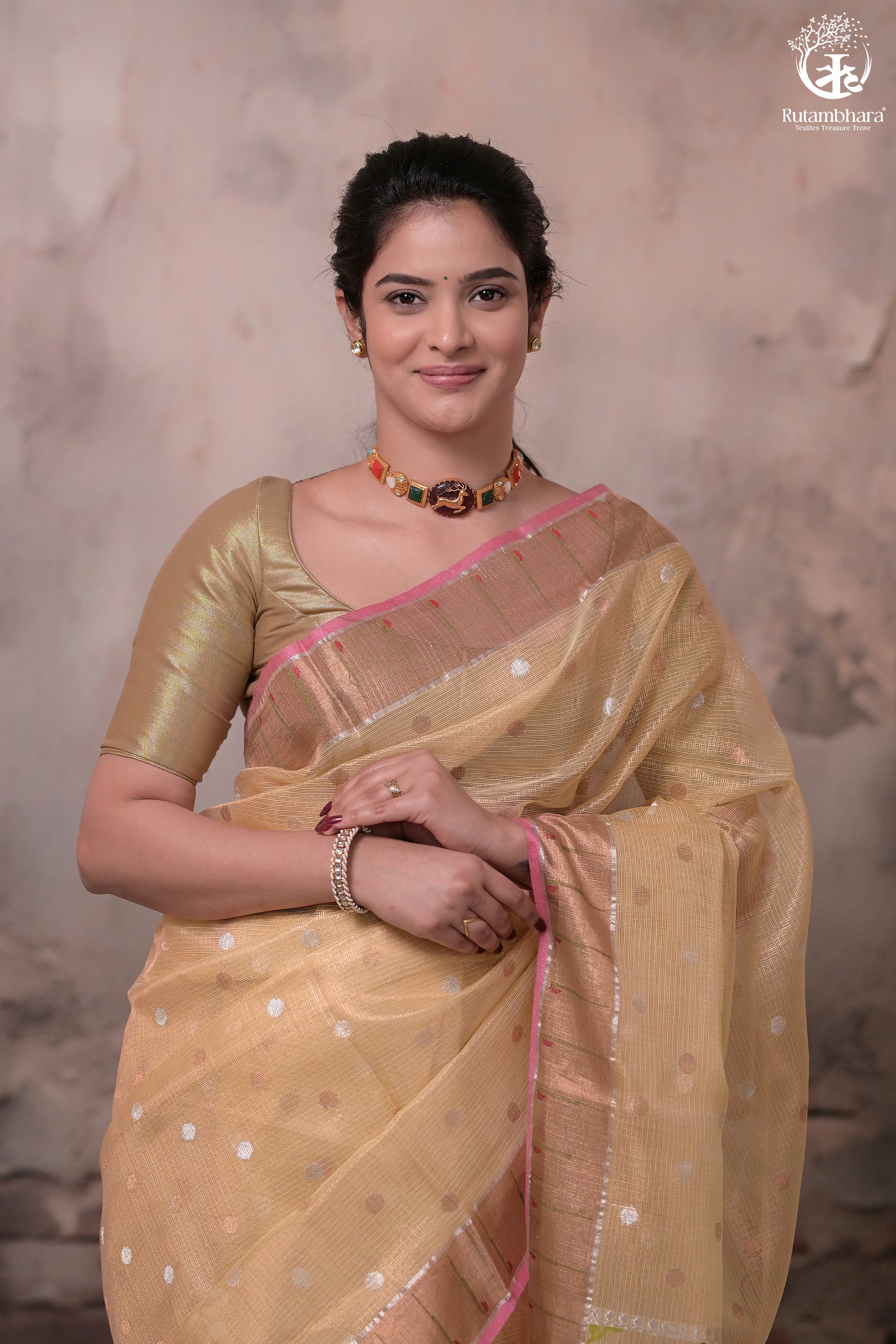 Aliyah - Pastel Yellow Handwoven Zari Tissue Kota Saree With Orange Blouse-Rutambhara-RUTAMBHARA