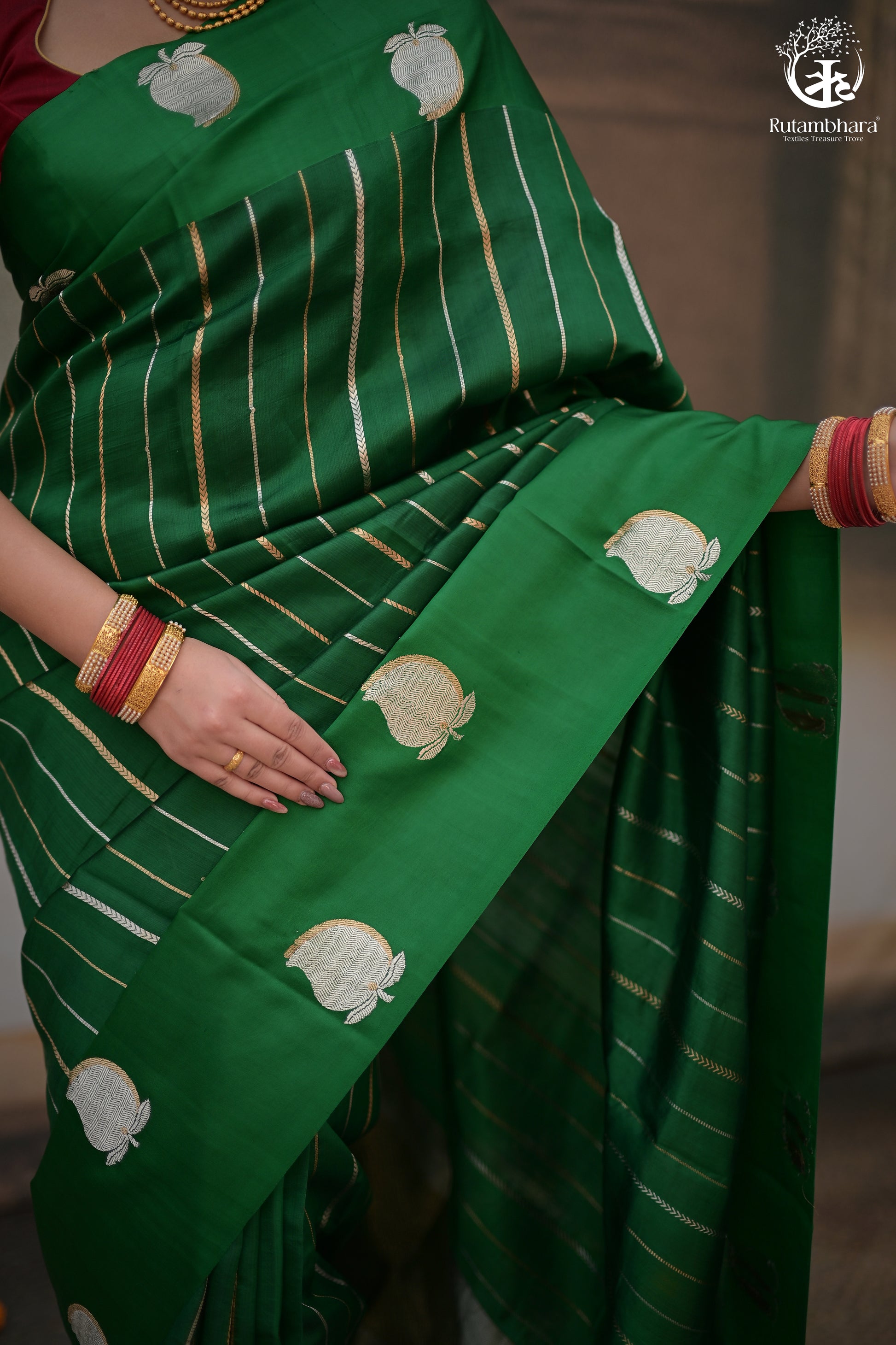 Noushk - Royal Green Banarasi Saree With Sona-Rupa Zari Kairi Motifs In Mashroo Border-Rutambhara-RUTAMBHARA
