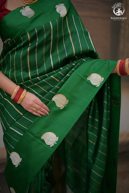 Noushk - Royal Green Banarasi Saree With Sona-Rupa Zari Kairi Motifs In Mashroo Border-Rutambhara-RUTAMBHARA