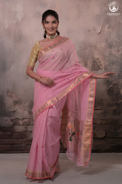 Aliyah - Pastel Pink Handwoven Zari Kota Saree With Dark Pink Blouse-Rutambhara-RUTAMBHARA