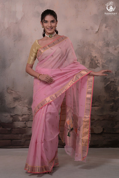 Aliyah - Pastel Pink Handwoven Zari Kota Saree With Dark Pink Blouse-Rutambhara-RUTAMBHARA