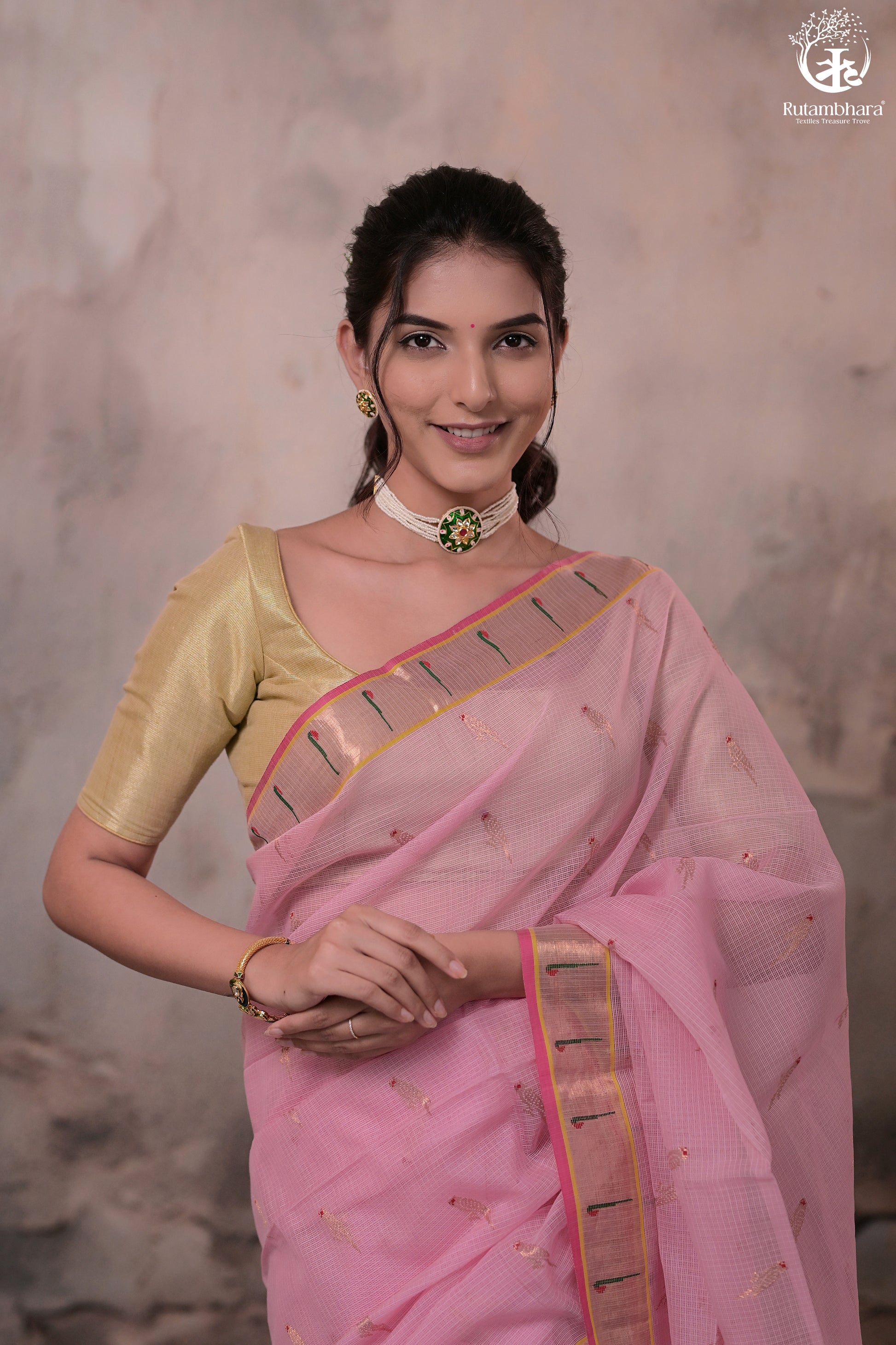 Aliyah - Pastel Pink Handwoven Zari Kota Saree With Dark Pink Blouse-Rutambhara-RUTAMBHARA