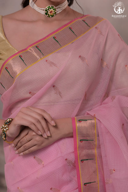 Aliyah - Pastel Pink Handwoven Zari Kota Saree With Dark Pink Blouse-Rutambhara-RUTAMBHARA