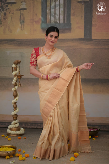 Bhadra - Beige Plain Handwoven And Handspun Silk Saree With Gold Zari Border-Rutambhara-RUTAMBHARA