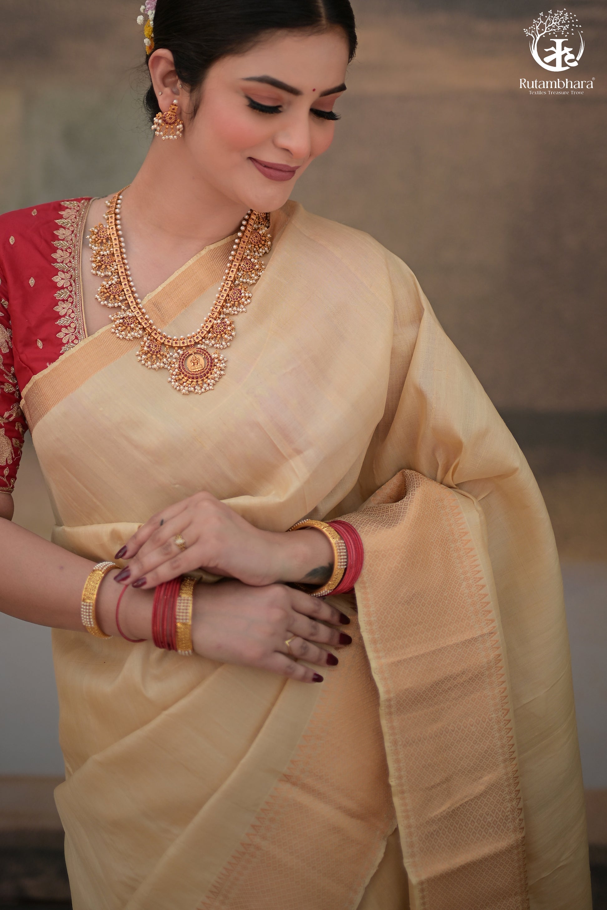 Bhadra - Beige Plain Handwoven And Handspun Silk Saree With Gold Zari Border-Rutambhara-RUTAMBHARA