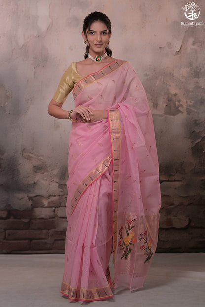 Aliyah - Pastel Pink Handwoven Zari Kota Saree With Dark Pink Blouse-Rutambhara-RUTAMBHARA