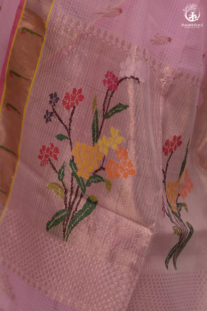 Aliyah - Pastel Pink Handwoven Zari Kota Saree With Dark Pink Blouse-Rutambhara-RUTAMBHARA