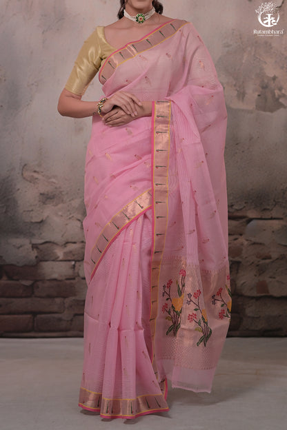 Aliyah - Pastel Pink Handwoven Zari Kota Saree With Dark Pink Blouse-Rutambhara-RUTAMBHARA