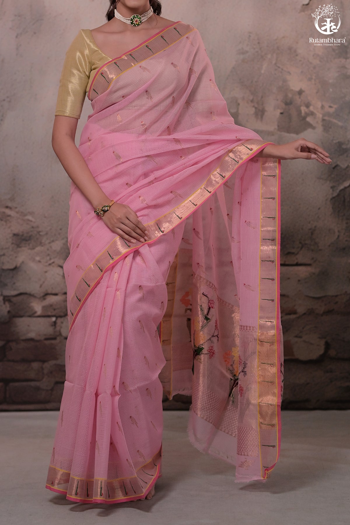 Aliyah - Pastel Pink Handwoven Zari Kota Saree With Dark Pink Blouse