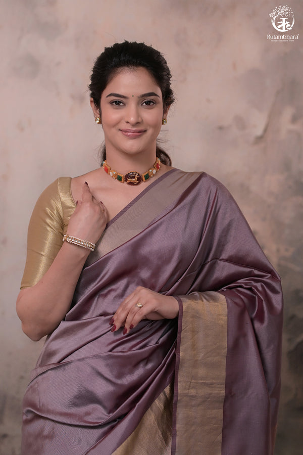 Narmaa - Wine Handwoven Pure Silk Saree With Plain Gold Zari Border-Rutambhara-RUTAMBHARA