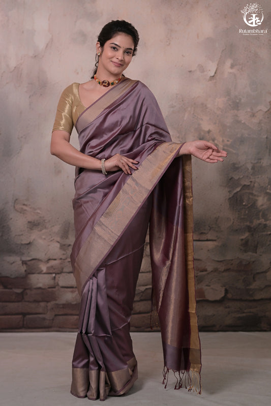 Narmaa - Wine Handwoven Pure Silk Saree With Plain Gold Zari Border