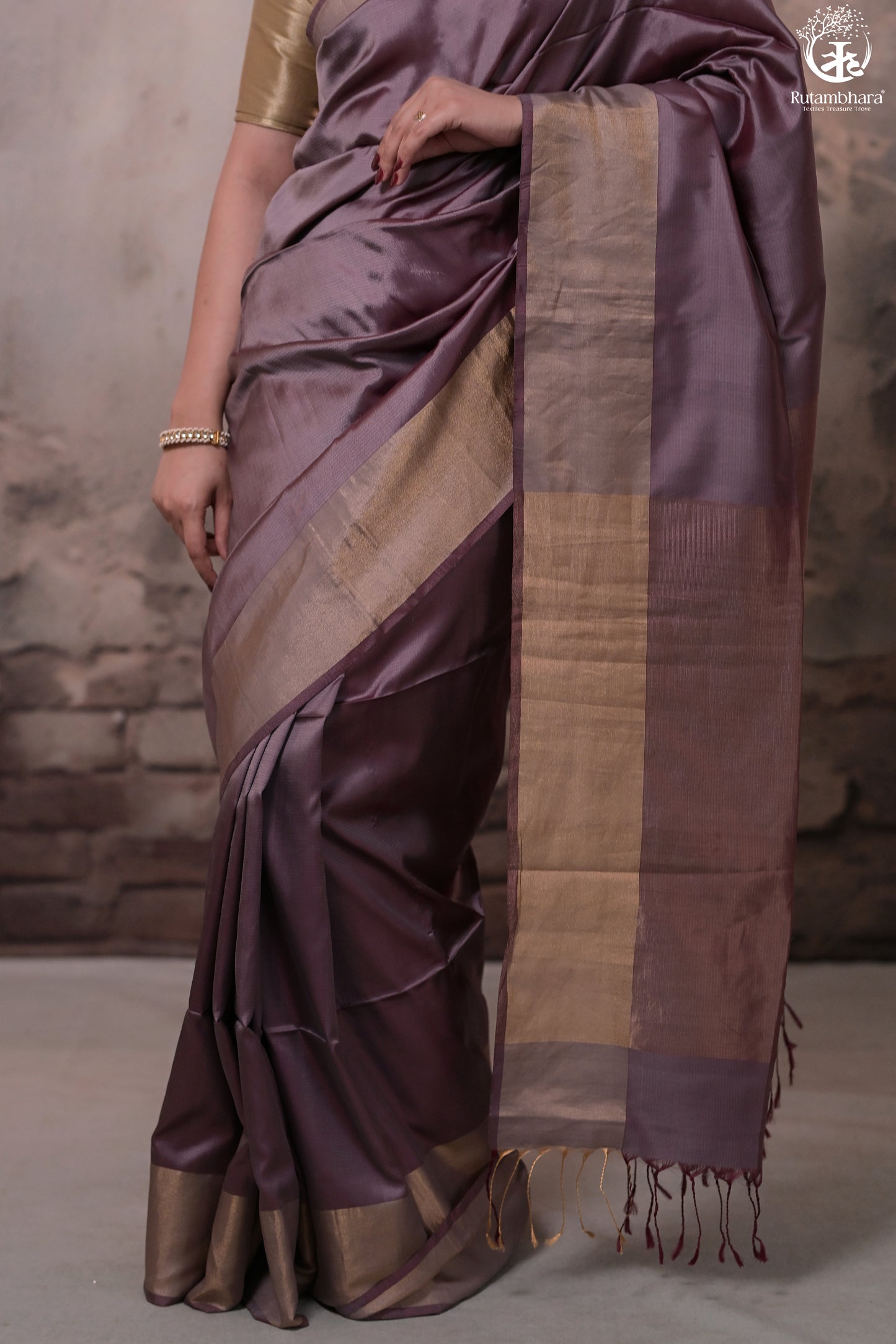 Narmaa - Wine Handwoven Pure Silk Saree With Plain Gold Zari Border