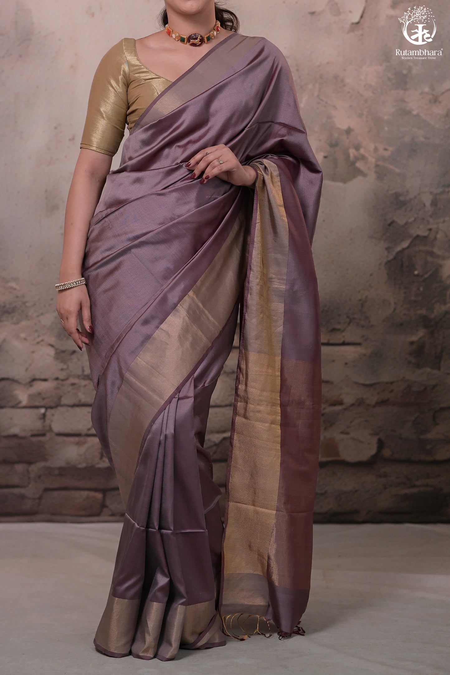 Narmaa - Wine Handwoven Pure Silk Saree With Plain Gold Zari Border