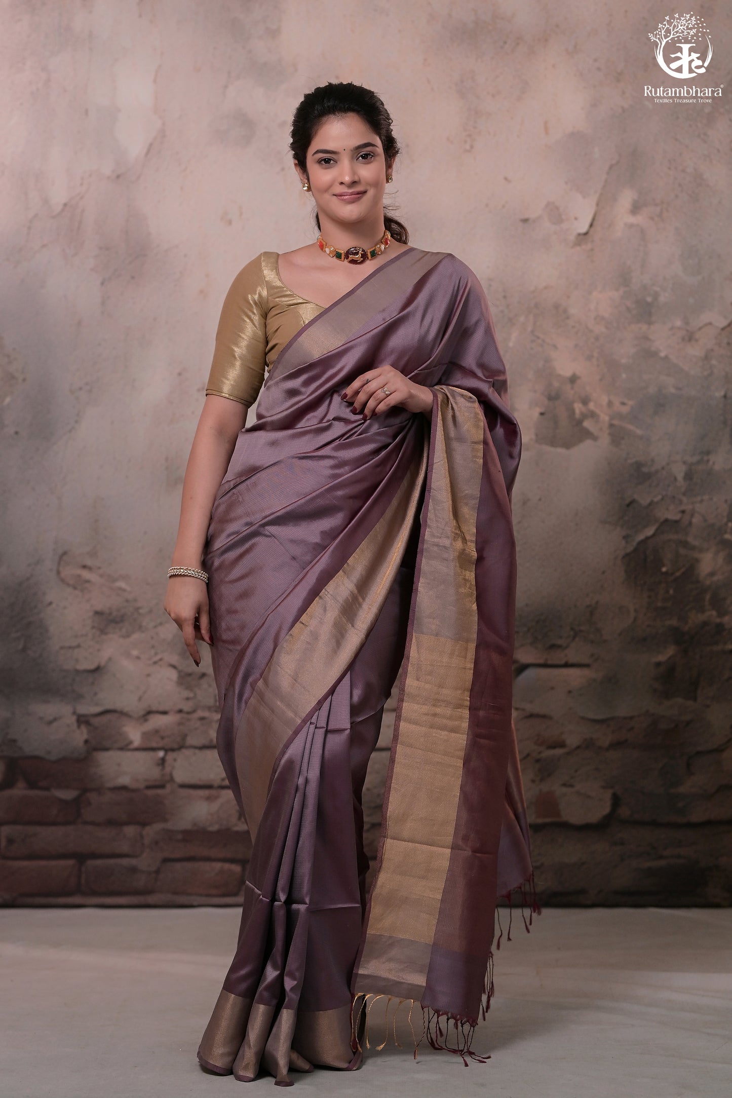 Narmaa - Wine Handwoven Pure Silk Saree With Plain Gold Zari Border