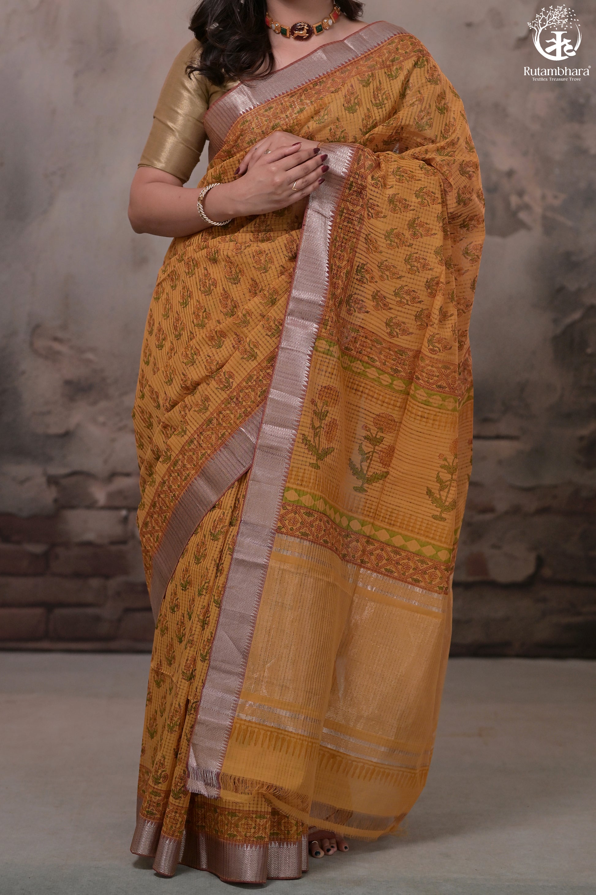 Siyahi - Mustard Handwoven Hand Block Printed Gold Zari Border Cotton Saree-Rutambhara-RUTAMBHARA