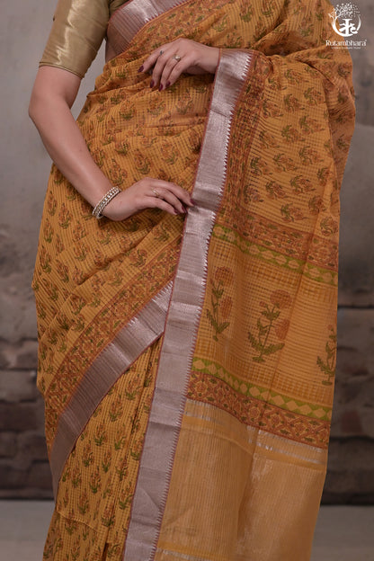 Siyahi - Mustard Handwoven Hand Block Printed Gold Zari Border Cotton Saree-Rutambhara-RUTAMBHARA