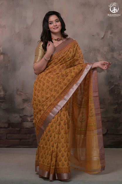 Siyahi - Mustard Handwoven Hand Block Printed Gold Zari Border Cotton Saree-Rutambhara-RUTAMBHARA