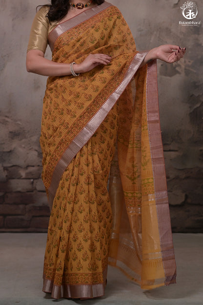 Siyahi - Mustard Handwoven Hand Block Printed Gold Zari Border Cotton Saree-Rutambhara-RUTAMBHARA
