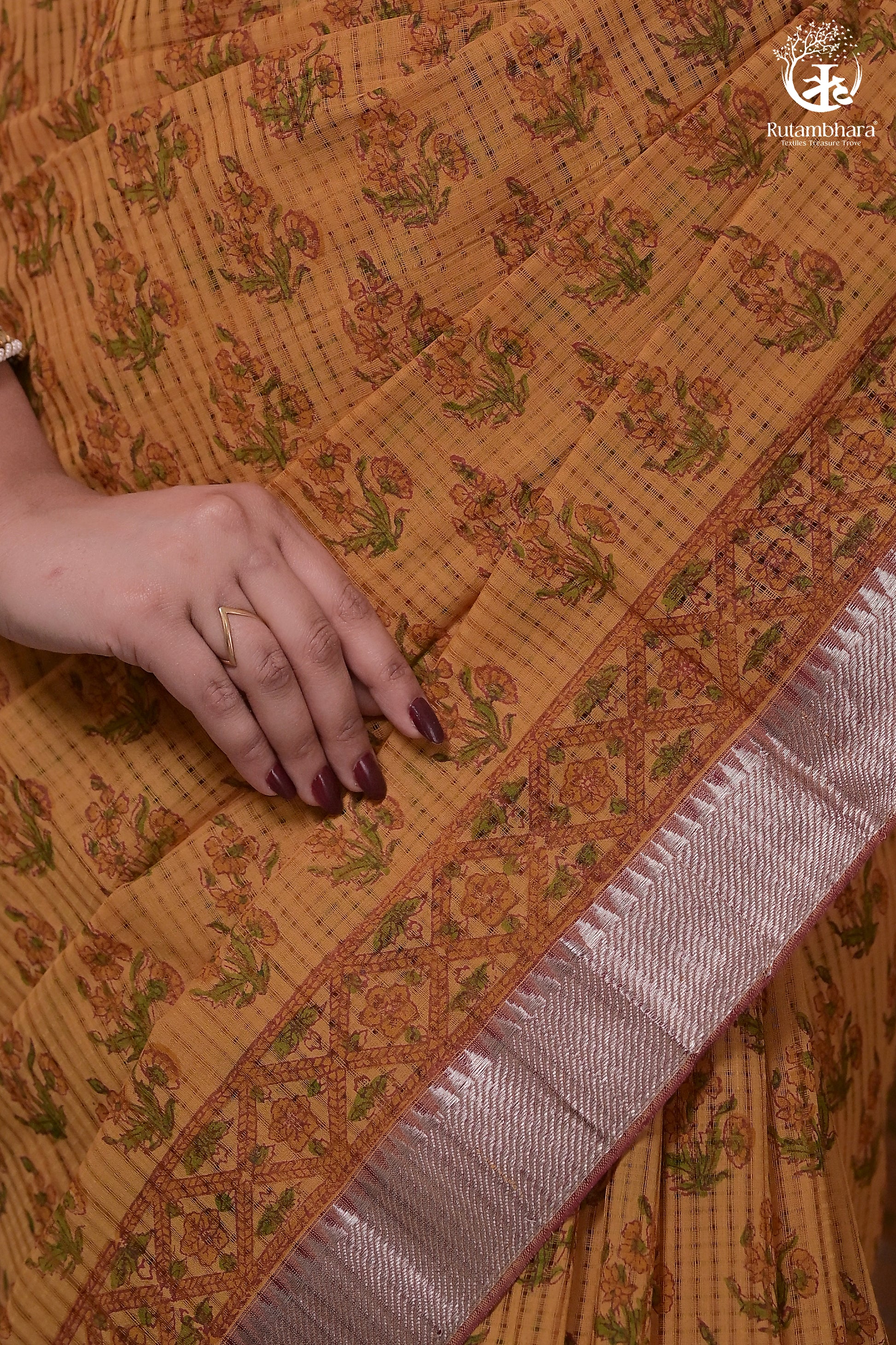 Siyahi - Mustard Handwoven Hand Block Printed Gold Zari Border Cotton Saree-Rutambhara-RUTAMBHARA
