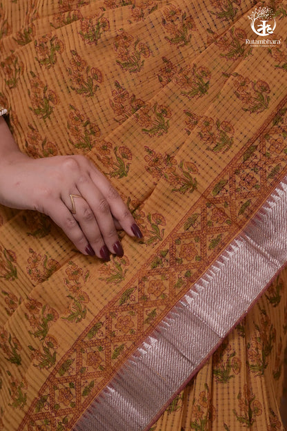 Siyahi - Mustard Handwoven Hand Block Printed Gold Zari Border Cotton Saree-Rutambhara-RUTAMBHARA