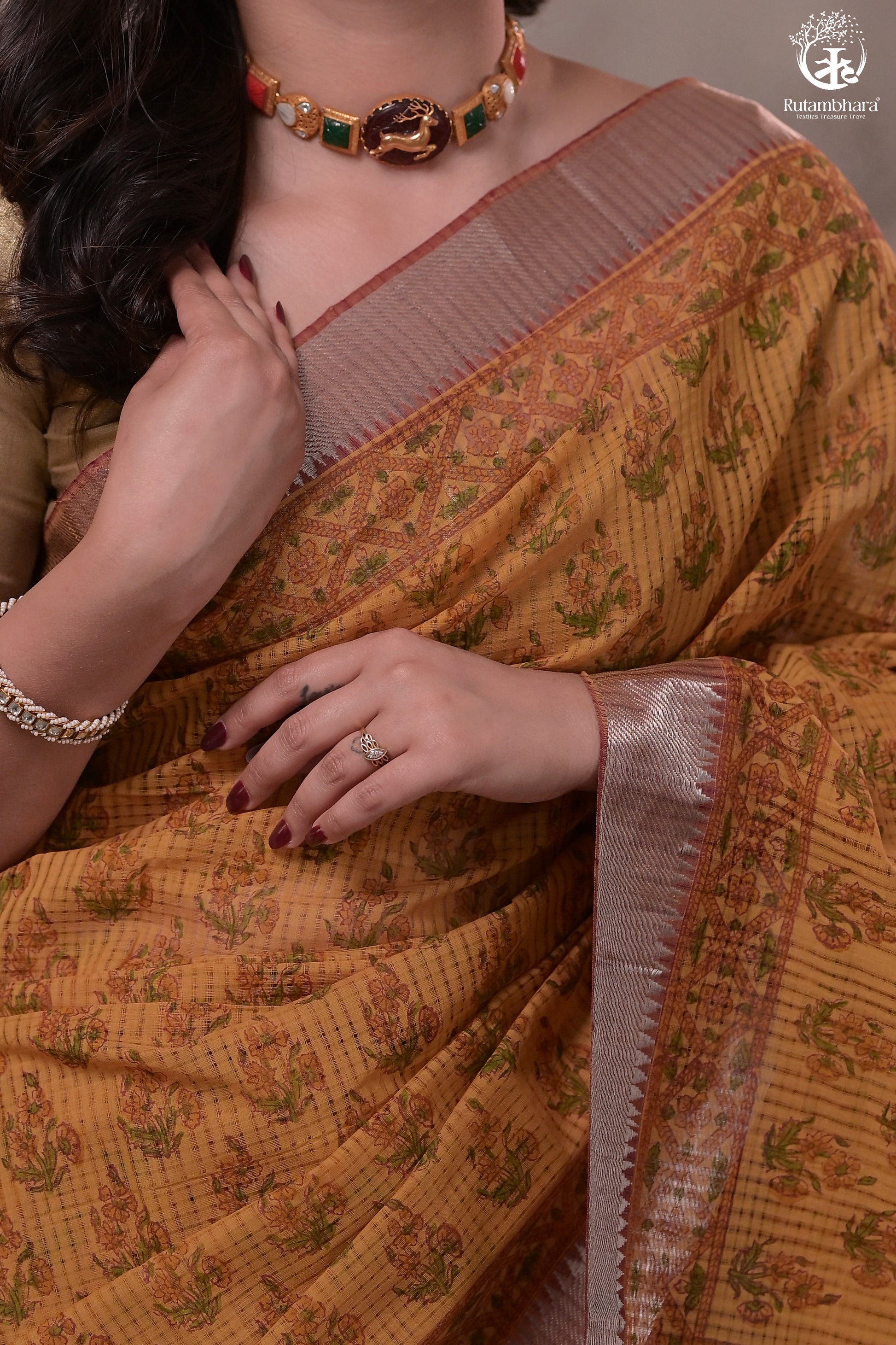 Siyahi - Mustard Handwoven Hand Block Printed Gold Zari Border Cotton Saree-Rutambhara-RUTAMBHARA