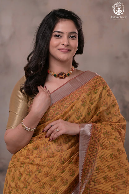Siyahi - Mustard Handwoven Hand Block Printed Gold Zari Border Cotton Saree-Rutambhara-RUTAMBHARA