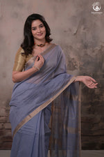 Narmaa - Pastel Blueish Grey With Small Resham Zari Lehar Border Silk Cotton Saree-Rutambhara-RUTAMBHARA