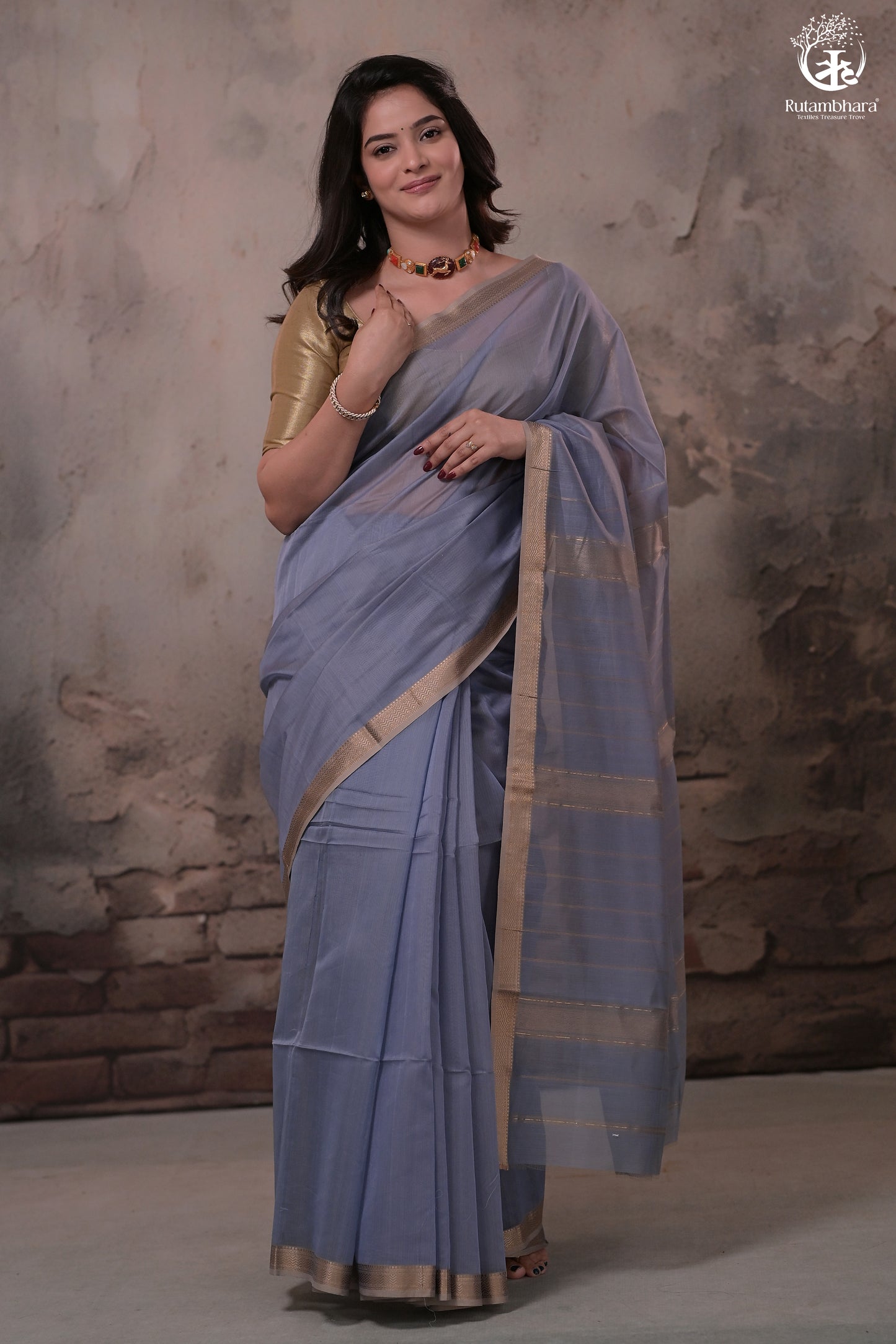 Narmaa - Pastel Blueish Grey With Small Resham Zari Lehar Border Silk Cotton Saree