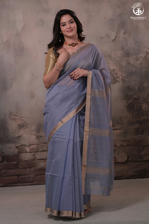 Narmaa - Pastel Blueish Grey With Small Resham Zari Lehar Border Silk Cotton Saree-Rutambhara-RUTAMBHARA