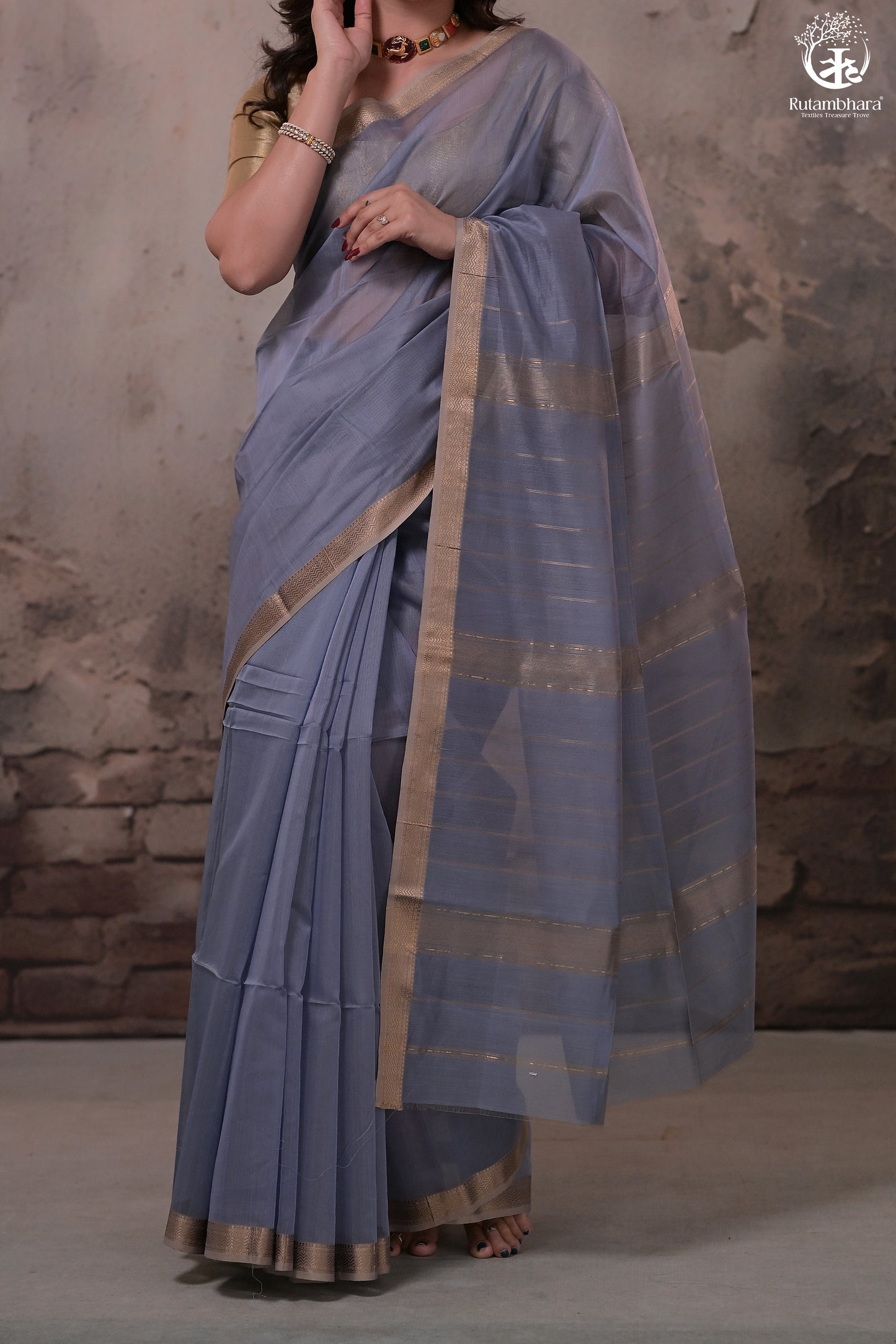 Narmaa - Pastel Blueish Grey With Small Resham Zari Lehar Border Silk Cotton Saree