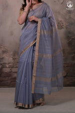 Narmaa - Pastel Blueish Grey With Small Resham Zari Lehar Border Silk Cotton Saree-Rutambhara-RUTAMBHARA